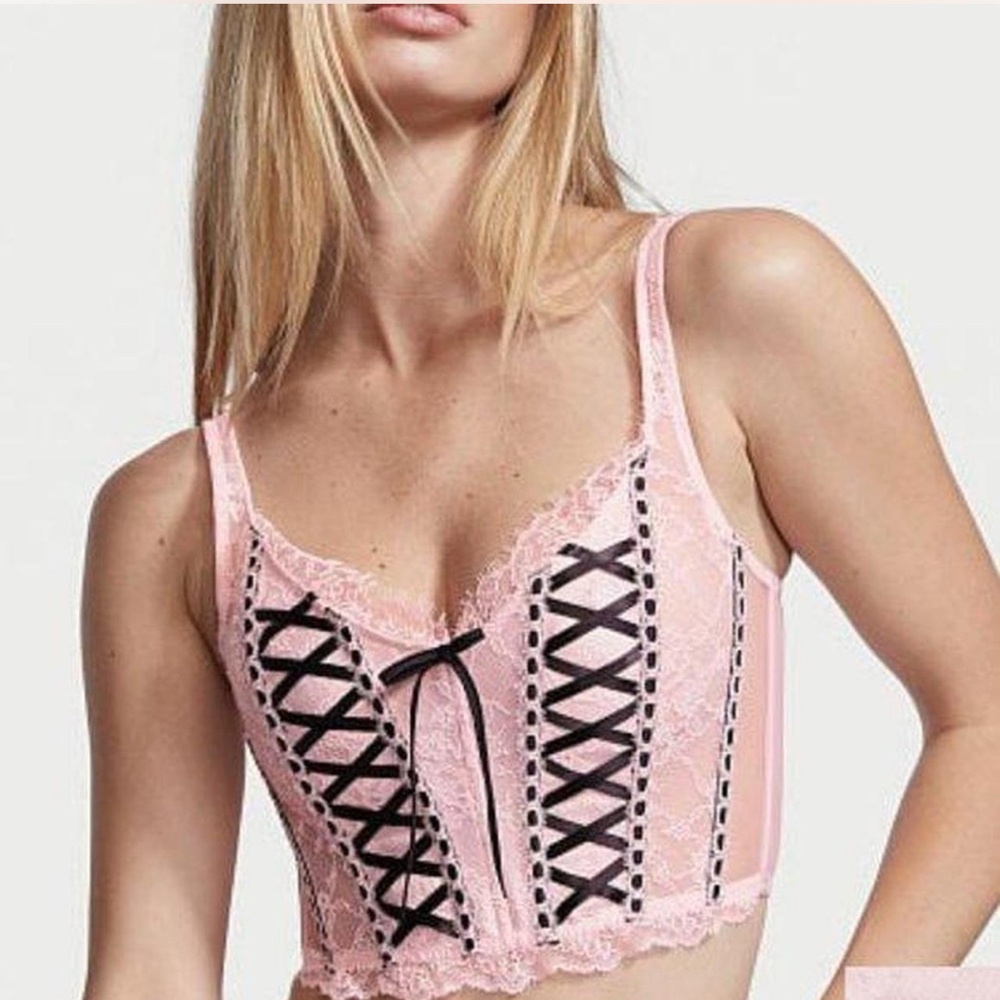Victoria’s Secret Pink Lace Corset Bodysuit with Black Ribbon Detail